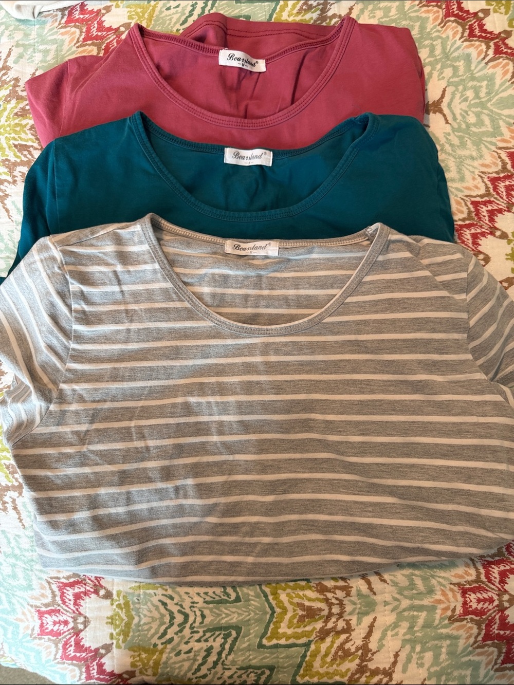 Bearsland Tee Trio in Rose, Teal & Gray Stripe